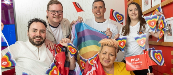 Josh Boyland-King, Dan Walsh and  Dee Llewellyn from Pride Cymru with Shane Prosser, and Laurie Greenaway from the PBS Pride Network