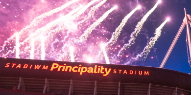 Principality stadium with fireworks in the background
