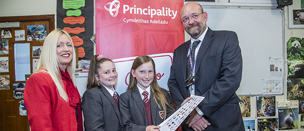 Image showing Debbie Luke (Principality), students from Prestatyn High School and Andy Hall, Assistant Head Teacher at Prestatyn High